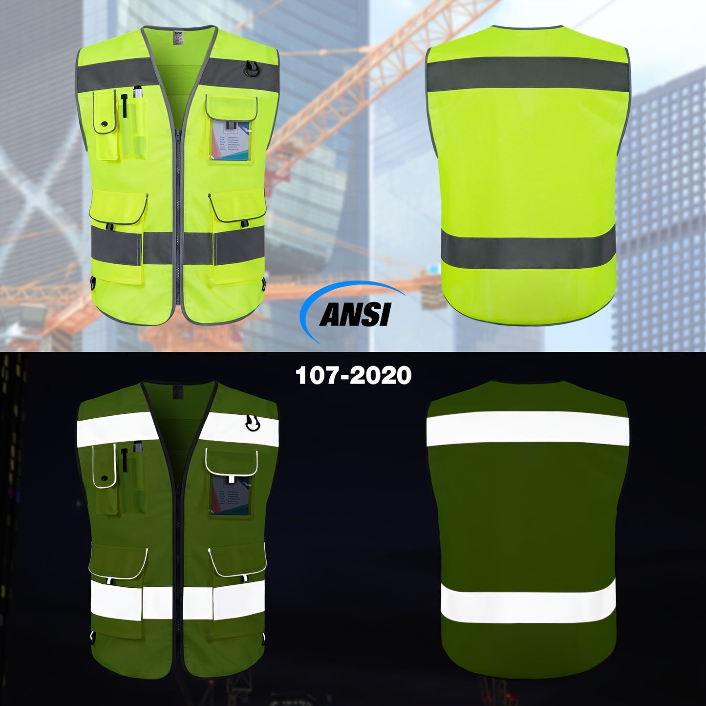 Premium Reflective Safety Vest - 9 Pockets, ANSI/ISEA Compliant, Unisex - Perfect for Construction, Surveying, and Warehouse Work