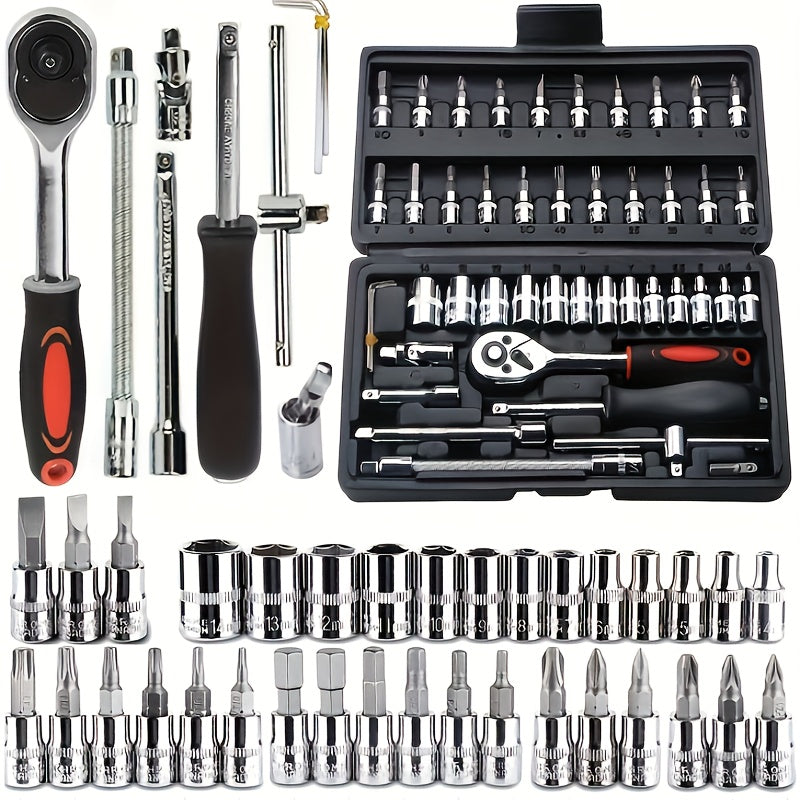 46pcs Juego De Herramientas De Reparación De Automóviles, Llave De Torque De Trinquete, Llave De Trinquete, Destornillador, Juego De Herramientas De Combinación De Enchufes, Kit De Herramientas Mecánicas Para Reparación De Automóviles Y Bicicletas