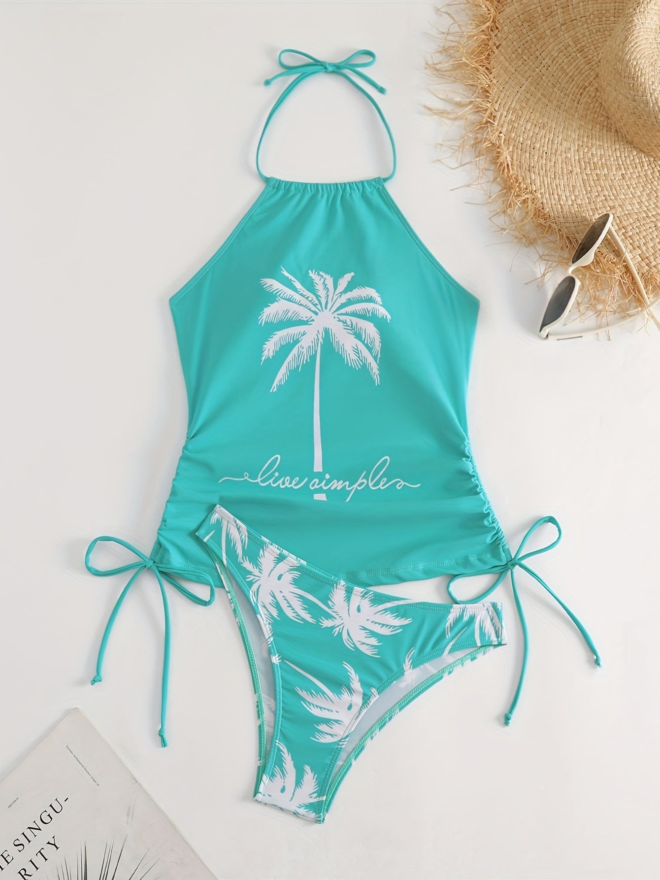 Conjuntos de tankini informales con estampado de árboles de coco, traje de baño de dos piezas de corte alto con cordón y cuello redondo halter, trajes de baño y ropa para mujer