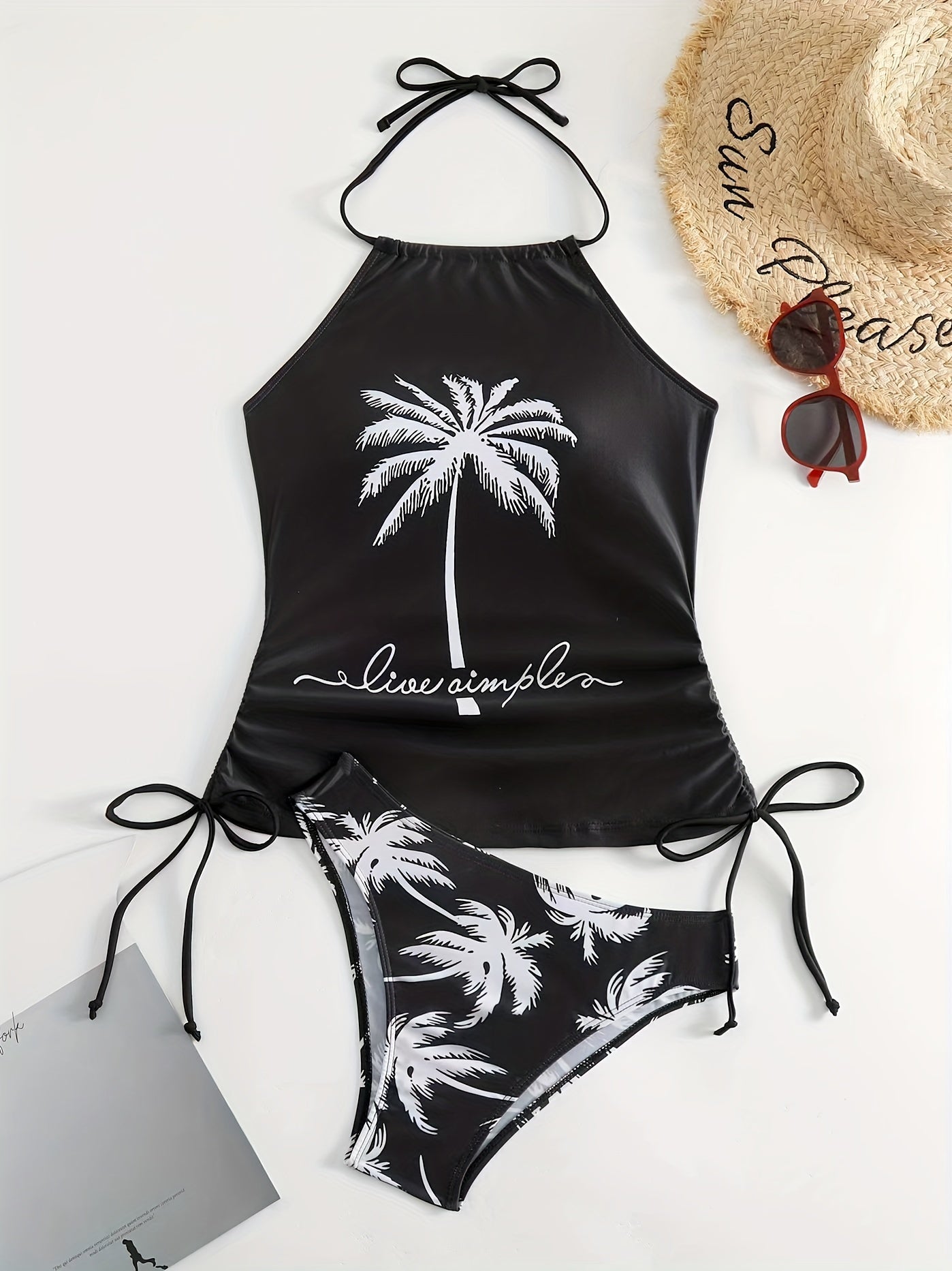 Conjuntos de tankini informales con estampado de árboles de coco, traje de baño de dos piezas de corte alto con cordón y cuello redondo halter, trajes de baño y ropa para mujer