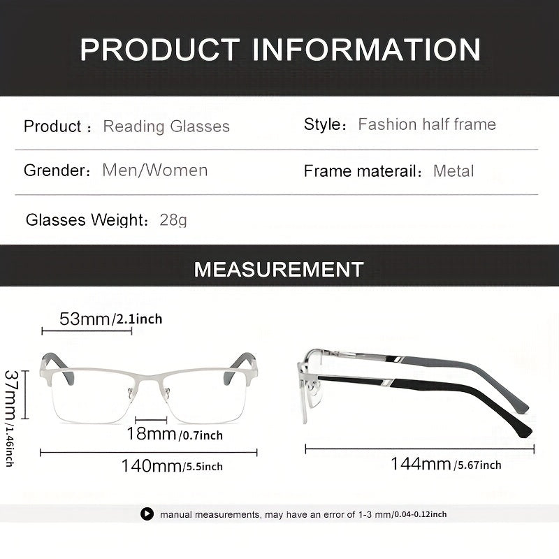 Gafas De Lectura Para Hombres De Negocios Media Montura Antifatiga Para La Vista Cansada Marco De Metal
