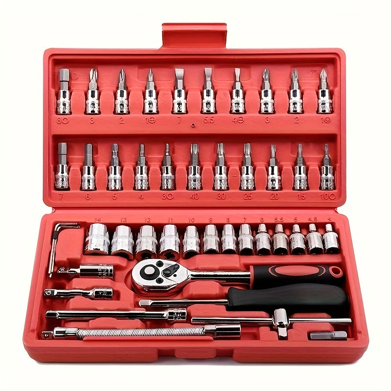 46pcs Juego De Herramientas De Reparación De Automóviles, Llave De Torque De Trinquete, Llave De Trinquete, Destornillador, Juego De Herramientas De Combinación De Enchufes, Kit De Herramientas Mecánicas Para Reparación De Automóviles Y Bicicletas