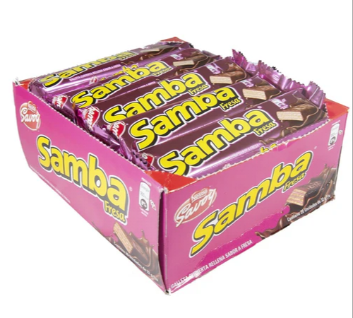 Samba - Obleas cubiertas de dulce de fresa con relleno de fresa, paquete de 20 (32 gr/1.12 oz cada uno) de Venezuela