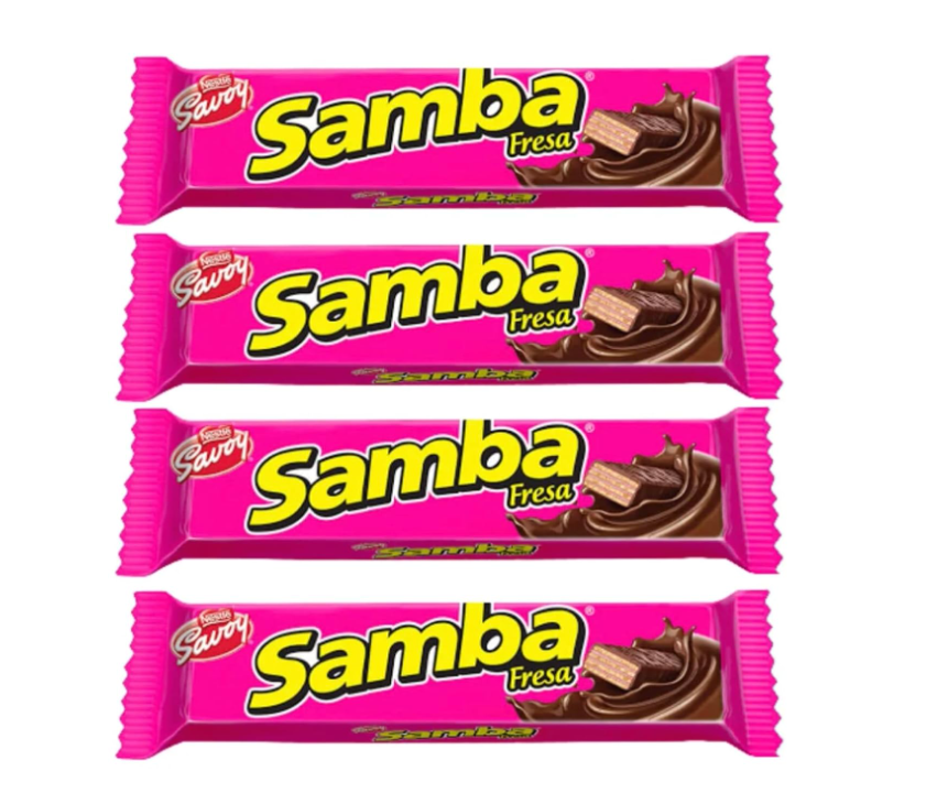 Samba - Obleas cubiertas de dulce de fresa con relleno de fresa, paquete de 20 (32 gr/1.12 oz cada uno) de Venezuela