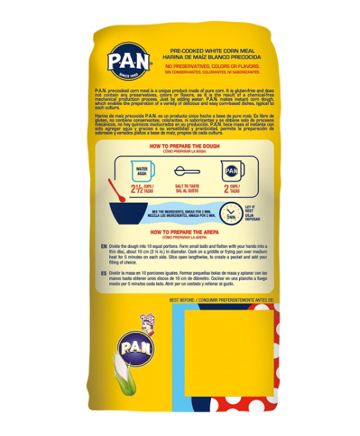 P.A.N. Harina de maíz blanco – Harina precocinada sin gluten y Kosher para Arepas (2.2 libras / paquete de 1)