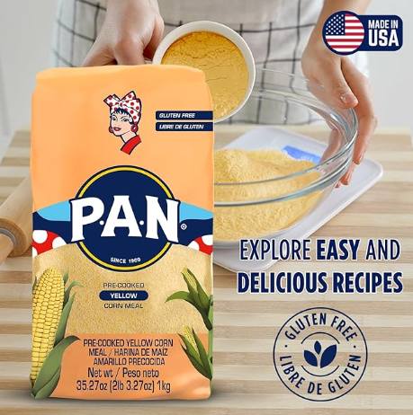 P.A.N. Harina de Maíz Amarillo - Harina Precocida sin Gluten y Kosher para Arepas, 1 kg (35 oz / 2 lb 3.3 oz)
