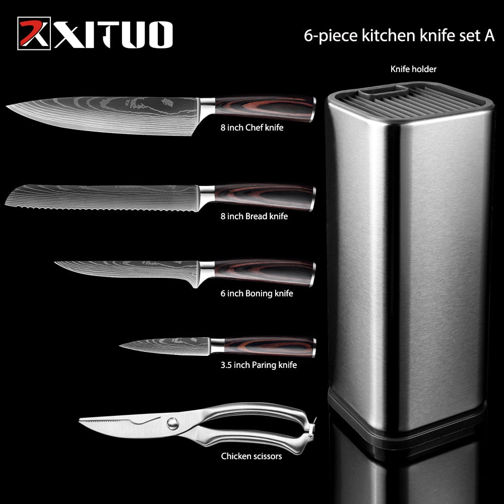 XITUO Kitchen Chef Set 4-8PCS set Knife Stainless Steel Knife Holder Santoku Utility Cut Cleaver Bread Paring Knives Scissors