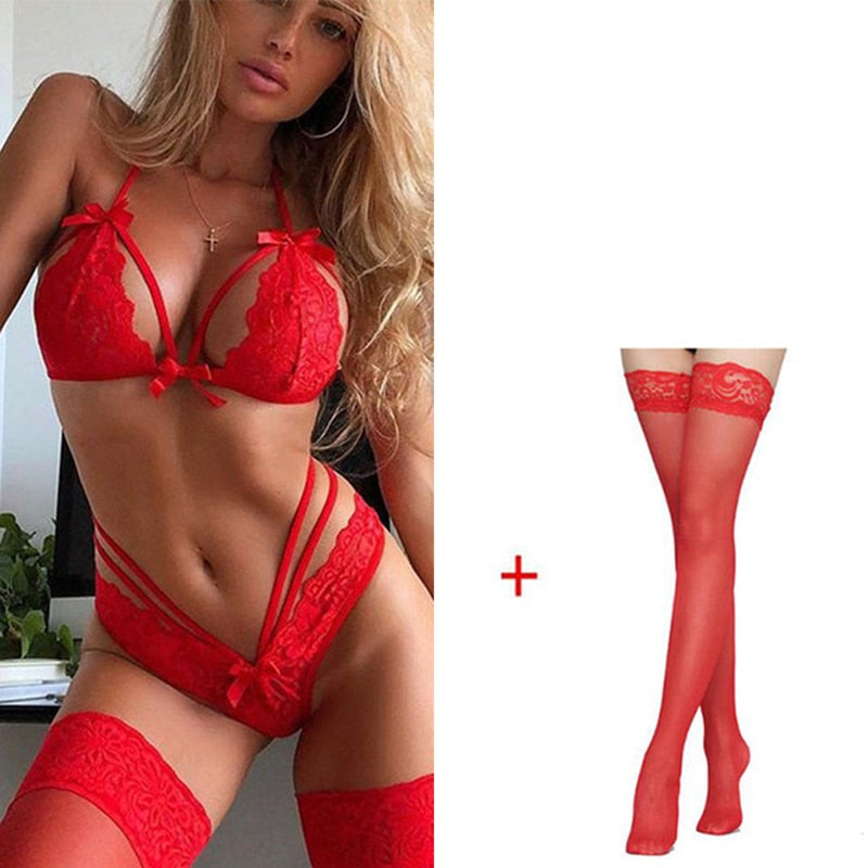 Erotic Sexy Lingerie Set Lace Straps Push Up Bra Polyester Nightwear Stockings + Underwear Women Set Lencería Sexy Sleep Tops