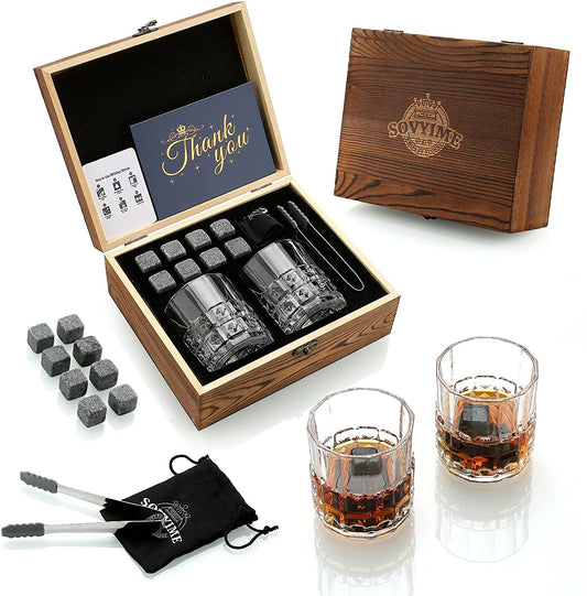 Whiskey Stones & Glasses Set, Granite Ice Cube For Whisky, Whiski Chilling Rocks In Wooden Box, Best Gift For Dad Husband Men