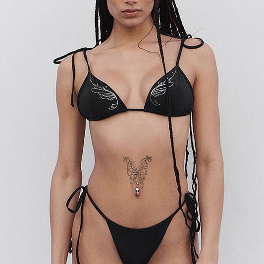 Goth Dark Women Bandage Bikini Sets Gothic Printed Y2k Sexy Swimwear Triangle Bra & Tie Side High Waist Bottoms Two Piece Suits