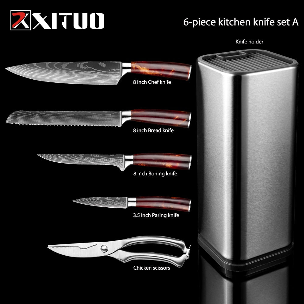 XITUO Kitchen Chef Set 4-8PCS set Knife Stainless Steel Knife Holder Santoku Utility Cut Cleaver Bread Paring Knives Scissors