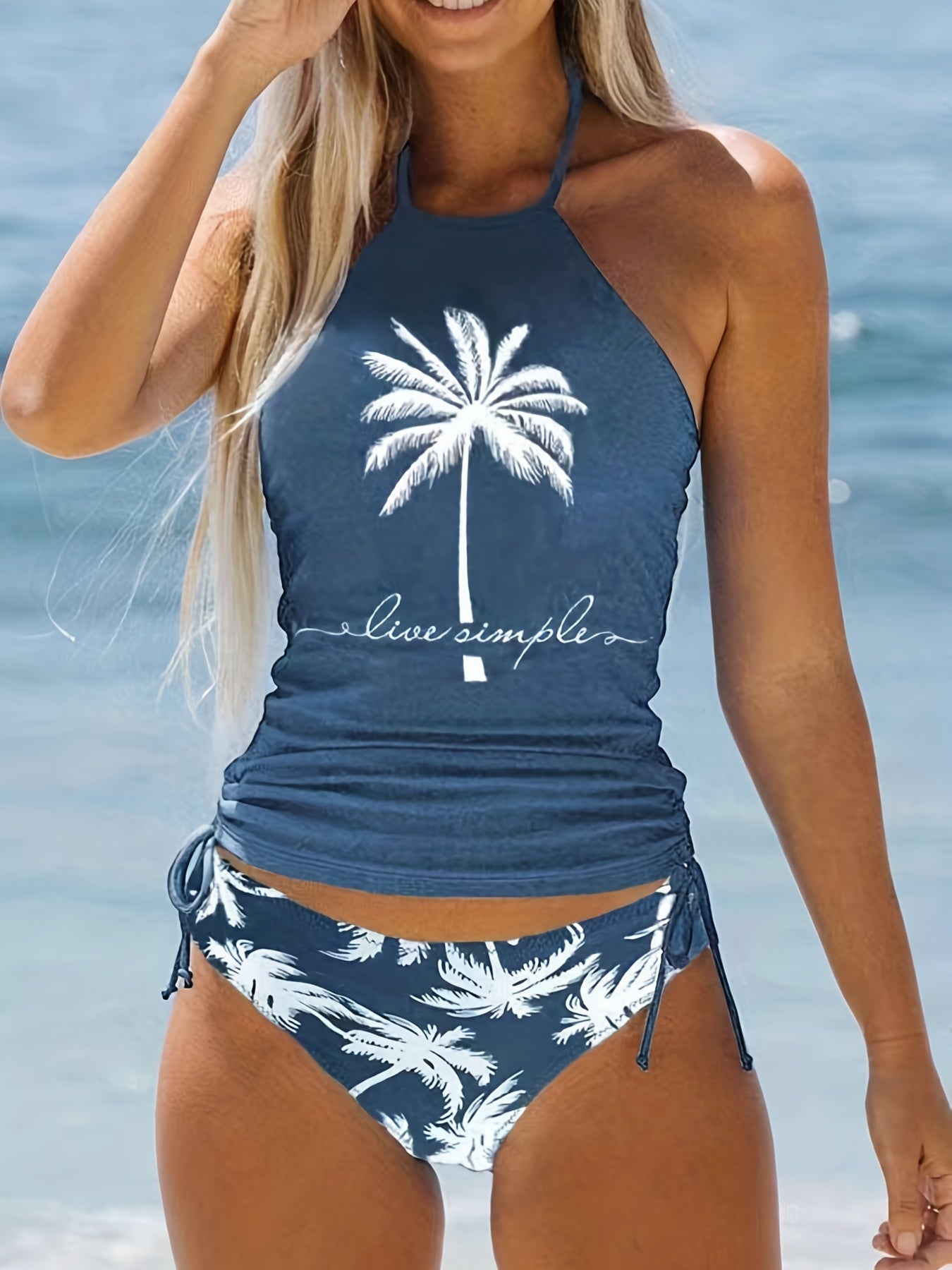 Conjuntos de tankini informales con estampado de árboles de coco, traje de baño de dos piezas de corte alto con cordón y cuello redondo halter, trajes de baño y ropa para mujer