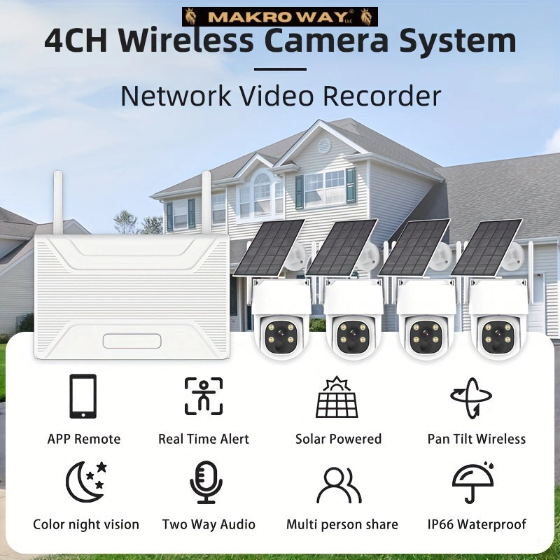 Wireless Solar Security Camera System - 360° Panoramic View, 4 Cameras, Cloud Storage" "360° Wireless Solar Security Cameras - Panoramic View, Person Detection, Cloud Storage