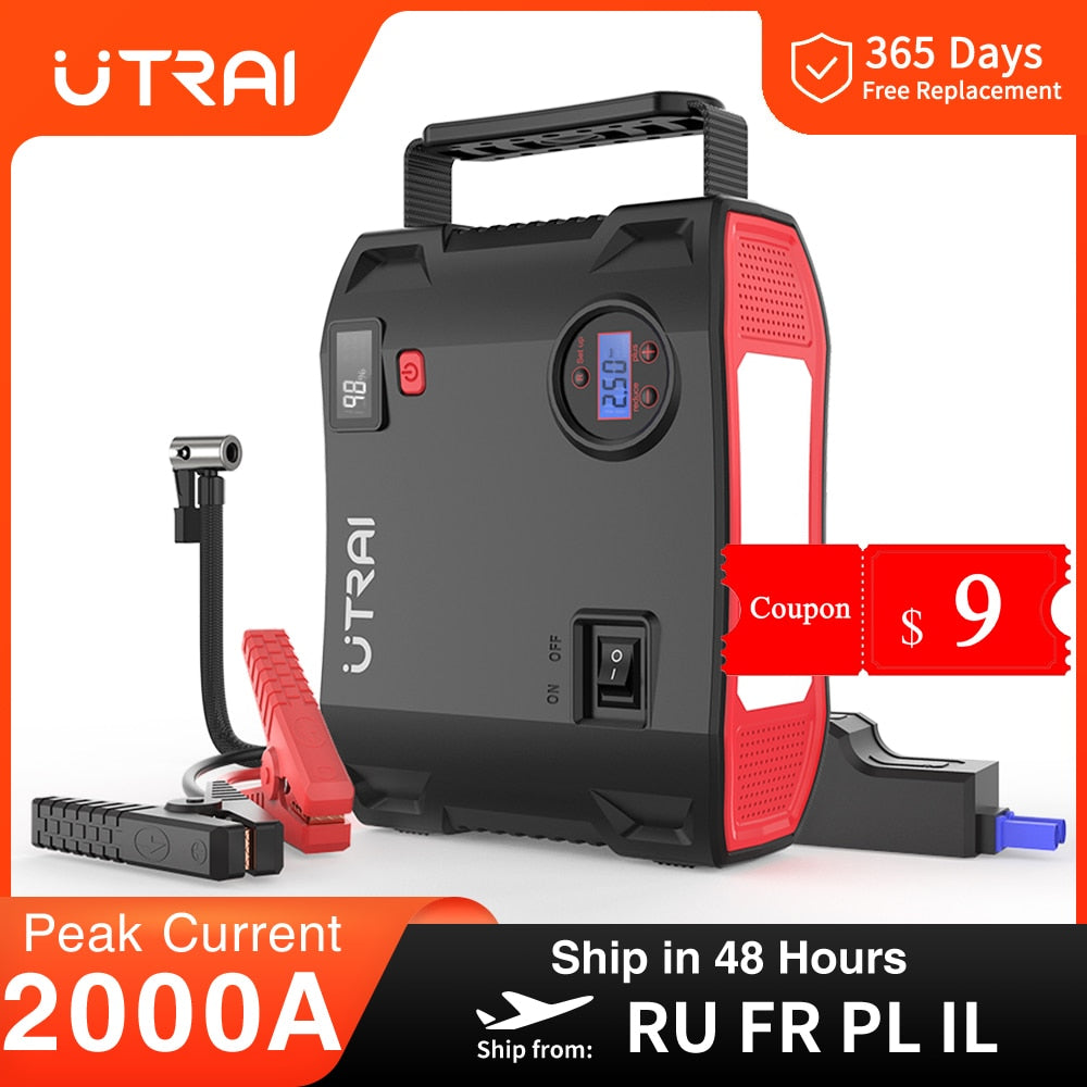 UTRAI 4 In 1 2000A Jump Starter Power Bank 16000mAh 150PSI Air Compressor Tire Pump Portable Charger Car Booster Starting Device