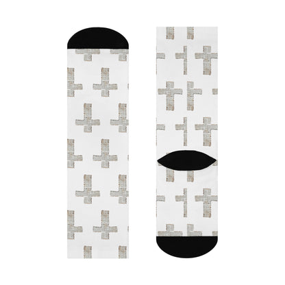 Cross Pattern Cushioned Crew Socks — White Christian Cross Design