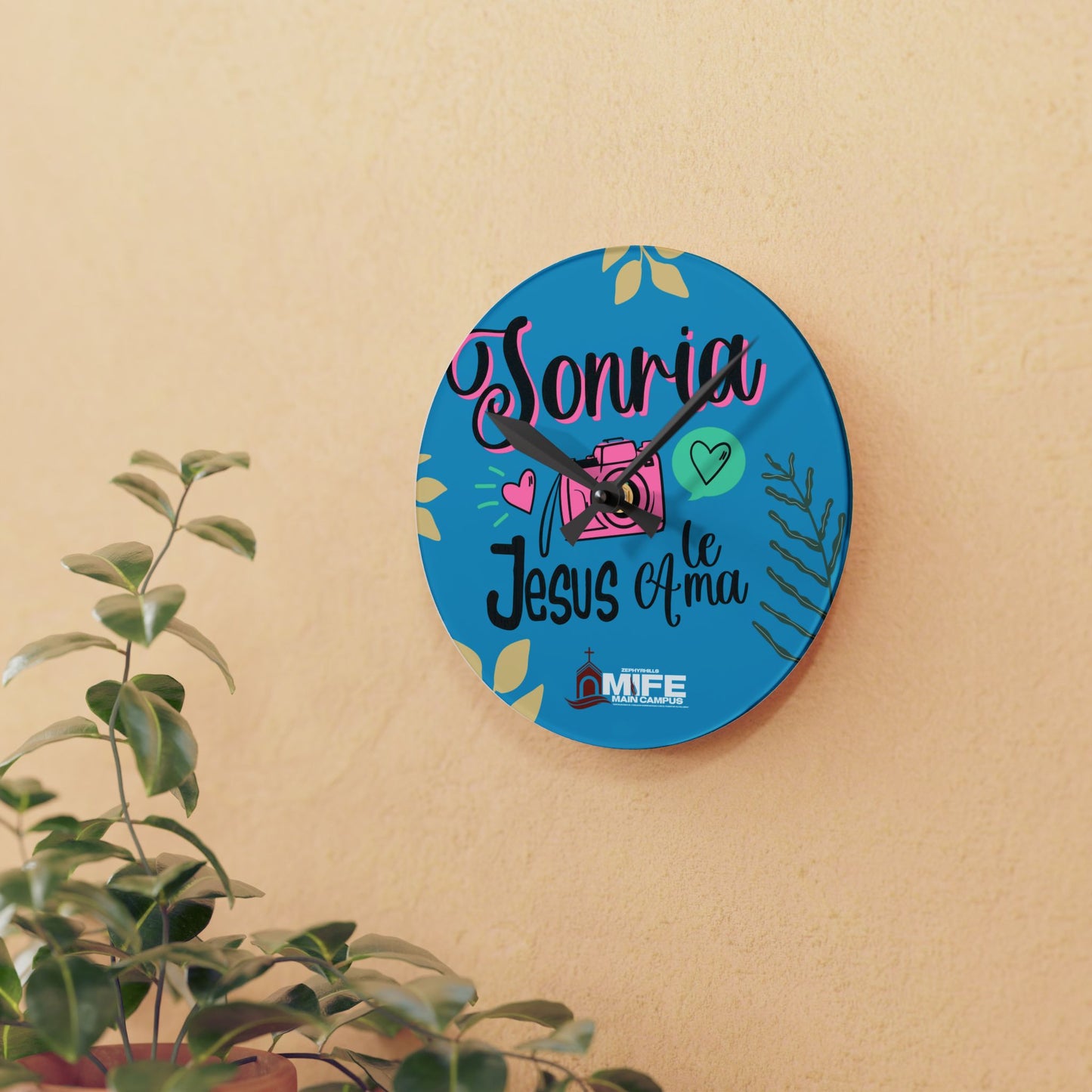 Acrylic Wall Clock — “Sonríe, Jesús Te Ama” Colorful Faith Wall Clock