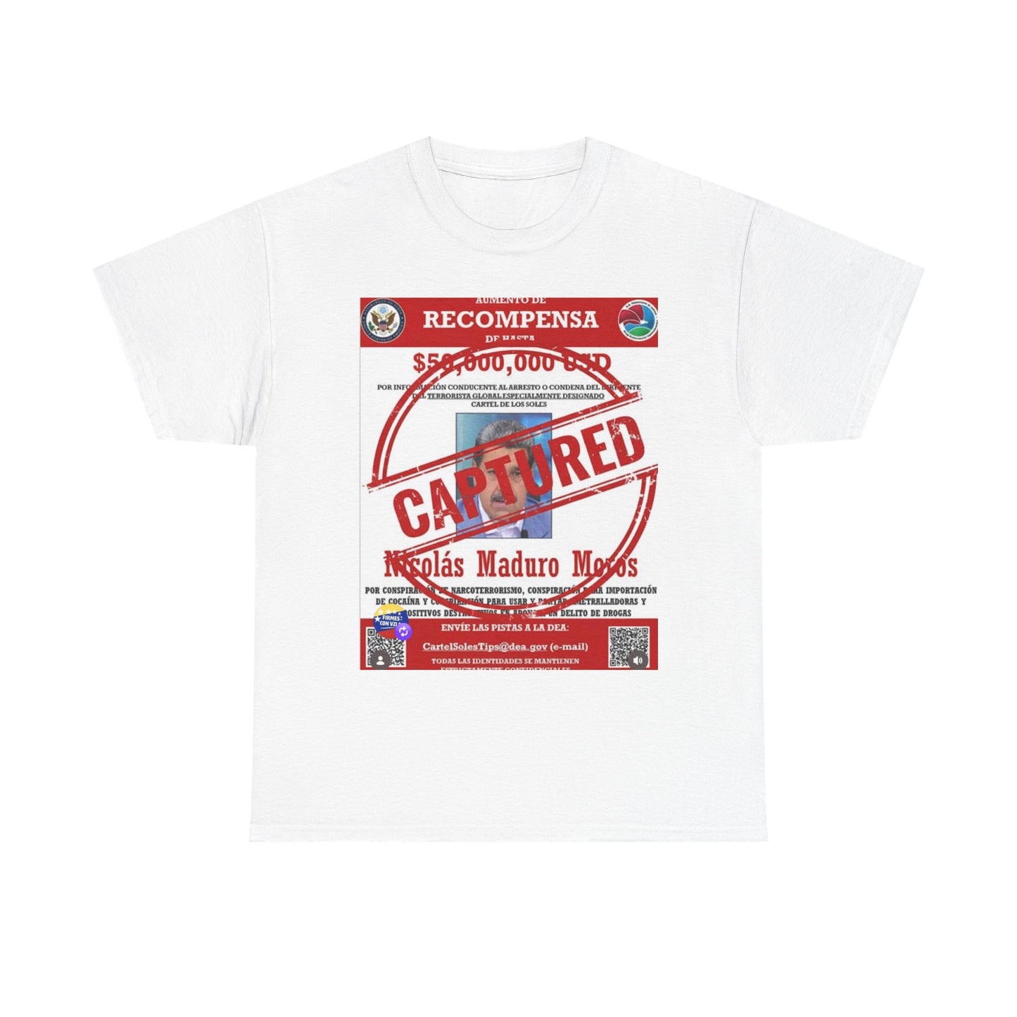 Captured 'Recompensa' Wanted Poster T-Shirt — Nicolás Maduro Mock Reward Design