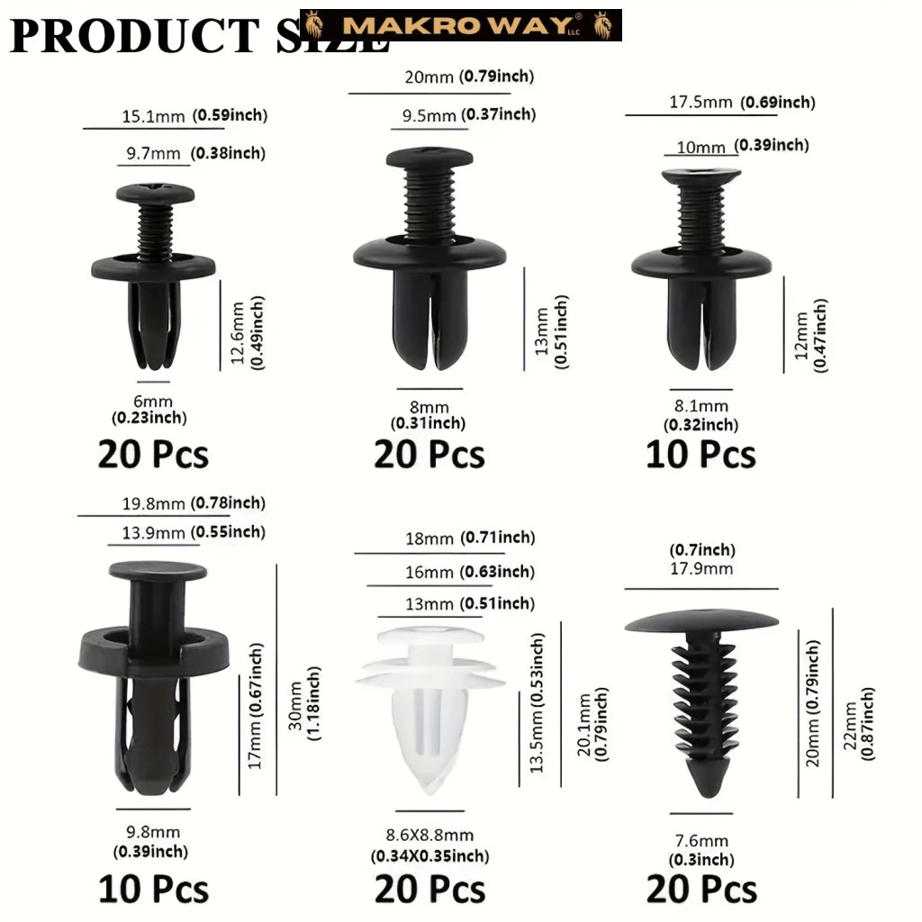 Universal Car Retention Clip Set - 105pc Kit with Bumper Fasteners and Fender Parts - Fits Most Models