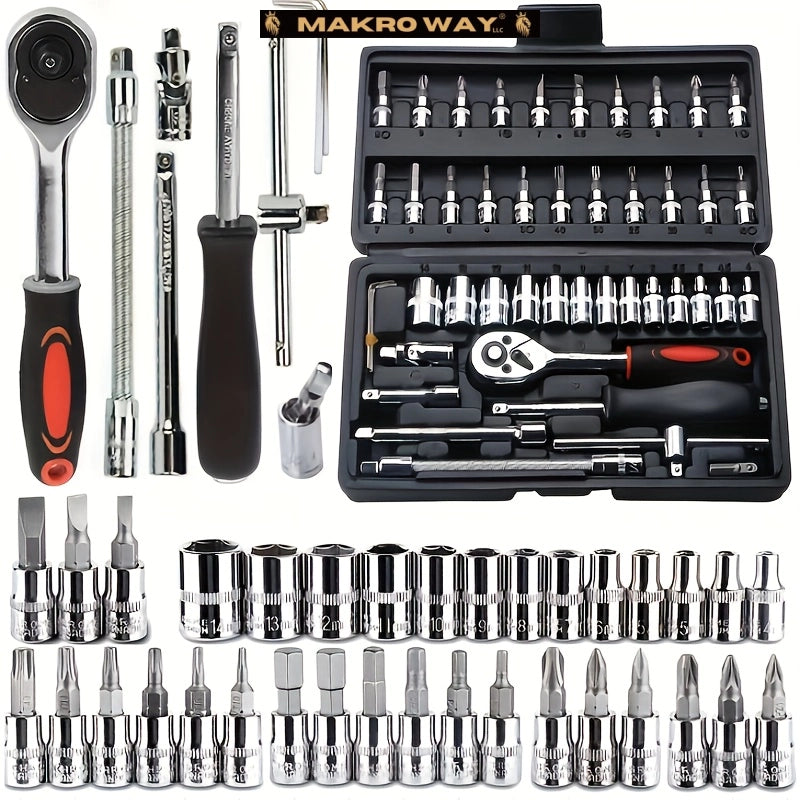 46-Piece Car and Bike Repair Tool Set with Ratchet Socket Wrench, Insulated Materials, No Battery Required