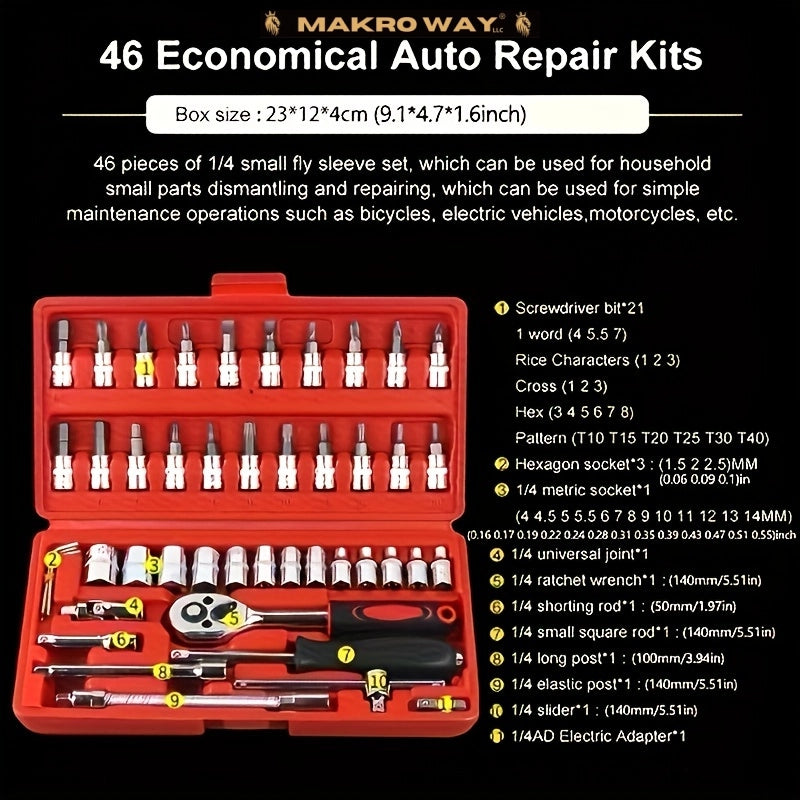 46-Piece Car and Bike Repair Tool Set with Ratchet Socket Wrench, Insulated Materials, No Battery Required