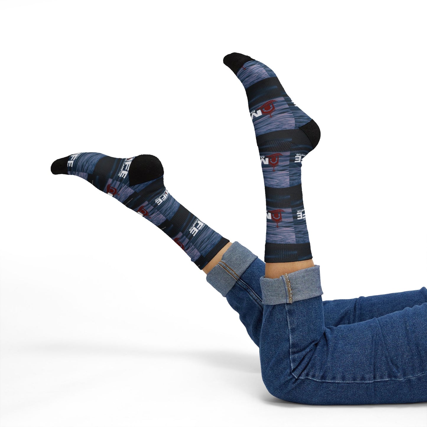 Sublimation Socks — Distressed Stripe Logo Crew Socks