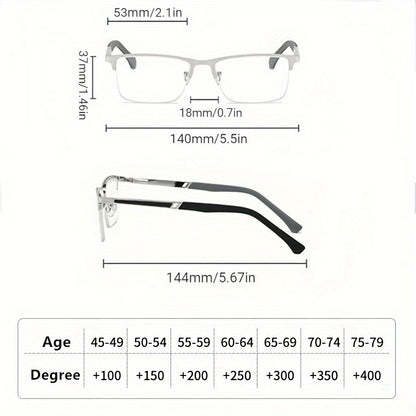 Gafas De Lectura De Negocios De Metal Con Media Montura Para Hombre, Gafas De Lectura Para Hipermetropía +1,0 A +4,0