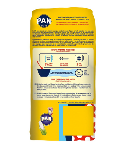 P.A.N. Harina de maíz blanco – Harina precocinada sin gluten y Kosher para Arepas (2.2 libras / paquete de 1)