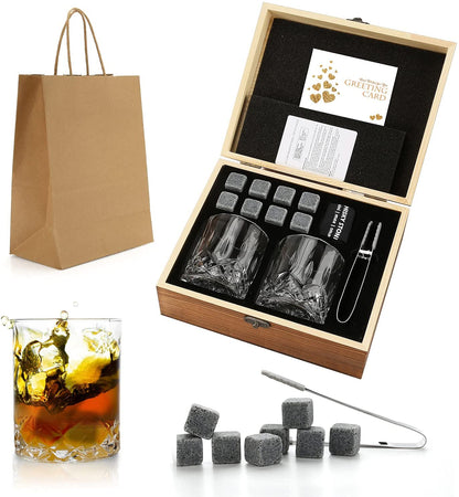 Whiskey Stones & Glasses Set, Granite Ice Cube For Whisky, Whiski Chilling Rocks In Wooden Box, Best Gift For Dad Husband Men