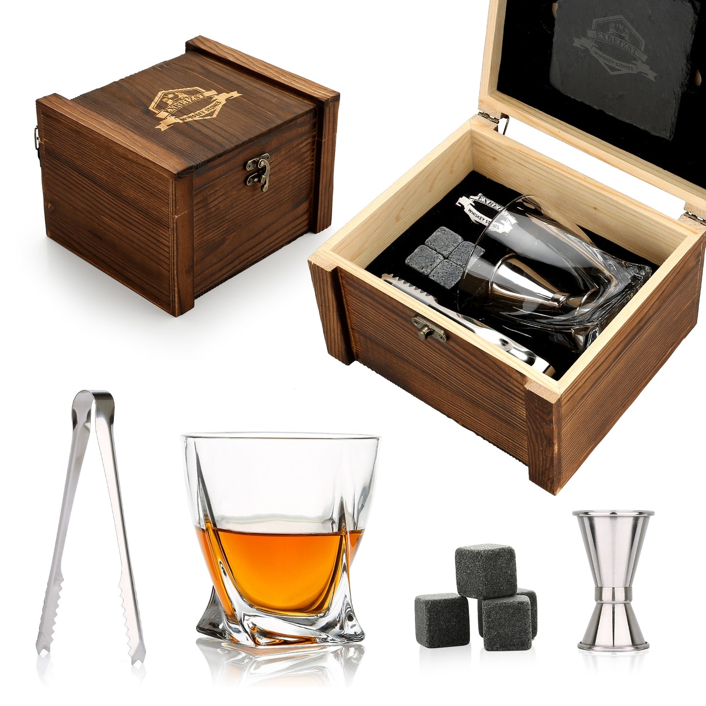 Whiskey Stones & Glasses Set, Granite Ice Cube For Whisky, Whiski Chilling Rocks In Wooden Box, Best Gift For Dad Husband Men