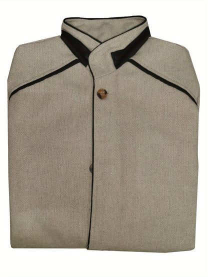Abrigo entallado para hombre de longitud media con espiga y ribetes en contraste, chaqueta con cuello alto elegantemente confeccionada para otoño e invierno.
