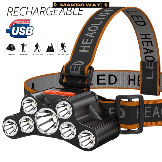 Linterna Frontal Recargable USB 7 LED - Impermeable - Acampar, Senderismo, Emergencia - MACROCOSM