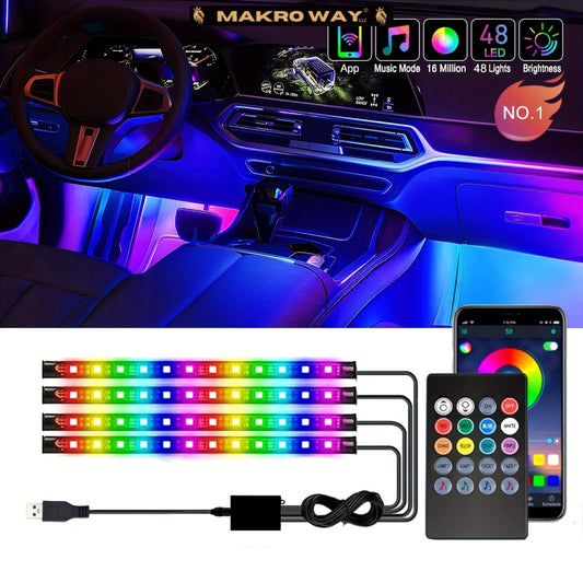 Kit de Luces LED para Automóviles - Control Remoto App - Multicolor - Música - USB - 48 LED