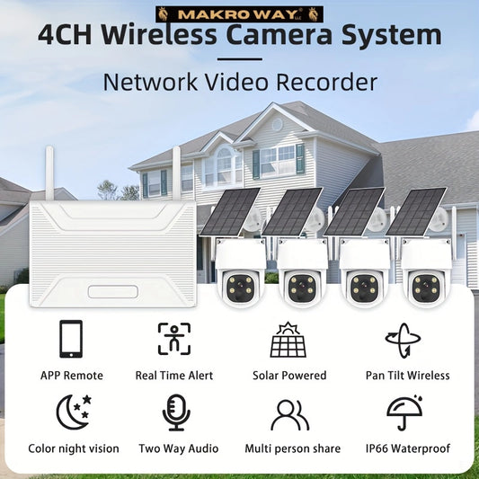 Wireless Solar Security Camera System - 360° Panoramic View, 4 Cameras, Cloud Storage" "360° Wireless Solar Security Cameras - Panoramic View, Person Detection, Cloud Storage