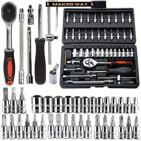 46-Piece Car and Bike Repair Tool Set with Ratchet Socket Wrench, Insulated Materials, No Battery Required