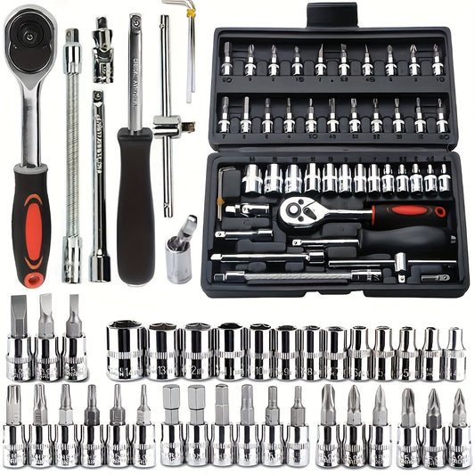 46pcs Juego De Herramientas De Reparación De Automóviles, Llave De Torque De Trinquete, Llave De Trinquete, Destornillador, Juego De Herramientas De Combinación De Enchufes, Kit De Herramientas Mecánicas Para Reparación De Automóviles Y Bicicletas