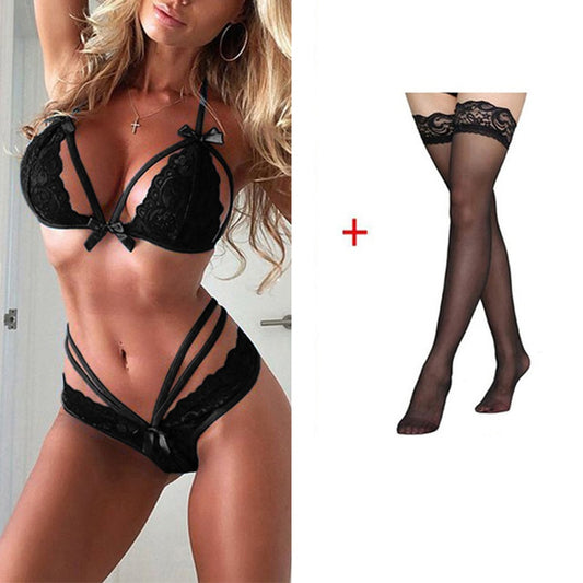Erotic Sexy Lingerie Set Lace Straps Push Up Bra Polyester Nightwear Stockings + Underwear Women Set Lencería Sexy Sleep Tops