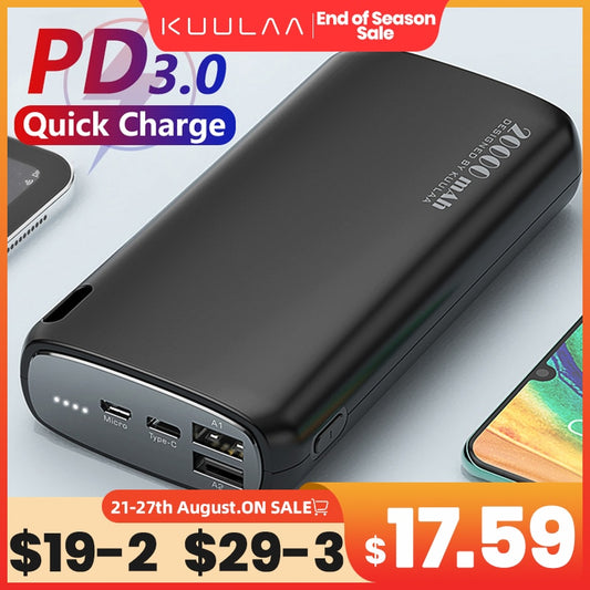 KUULAA Power Bank 20000mAh Portable Charging Poverbank Mobile Phone External Battery Charger Powerbank 20000 mAh for iPhone 14
