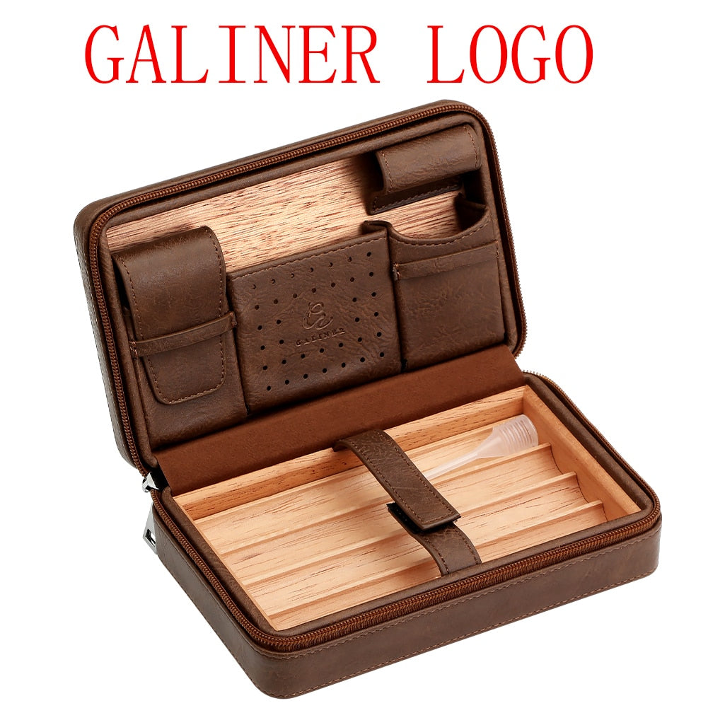 GALINER Charuto Cedar Wood Cigar Humidor Box Travel Leather Cigar Case Storage 4 Cigars Box Humidor Humidifier For Sigar