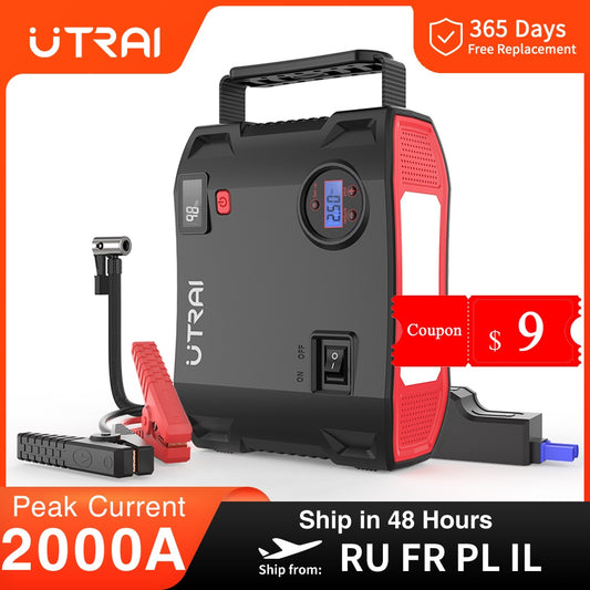 UTRAI 4 In 1 2000A Jump Starter Power Bank 16000mAh 150PSI Air Compressor Tire Pump Portable Charger Car Booster Starting Device