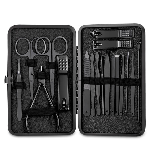 Clásico juego de manicuría en color negro para manos y pies, accesorios faciales de acero inoxidable, 5 modelos.